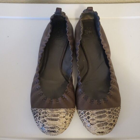 Tory Burch Womens Brown Leather Snake Print Slip On Ballet Flats Shoes Size 8B - Picture 1 of 16